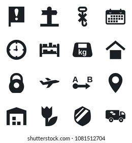 Set of vector isolated black icon - signpost vector, pin, important flag, plane, clock, term, warehouse storage, no hook, tulip, shield, heavy, route, rack, moving