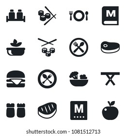 Set of vector isolated black icon - spoon and fork vector, picnic table, cafe, menu, salad, salt pepper, steak, hamburger, sushi, apple fruit