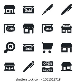Set of vector isolated black icon - shop vector, pen, store, search cargo, sale, sold signboard, cafe building, open close, cart, storefront