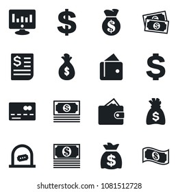 Set of vector isolated black icon - credit card vector, ticket office, dollar sign, money bag, statistic monitor, cash, receipt, wallet