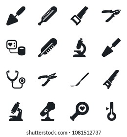 Set of vector isolated black icon - trowel vector, pruner, saw, stethoscope, blood pressure, thermometer, heart diagnostic, microscope, scalpel, microphone