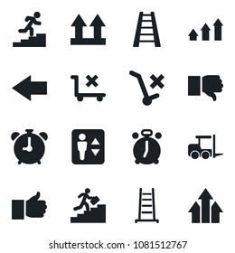Set of vector isolated black icon - elevator vector, alarm clock, left arrow, fork loader, ladder, up side sign, no trolley, finger, down, career, graph