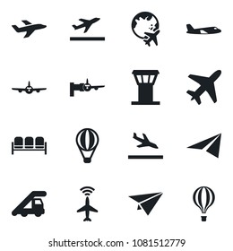 Set of vector isolated black icon - plane vector, airport tower, radar, departure, arrival, waiting area, ladder car, boarding, globe, paper, air balloon