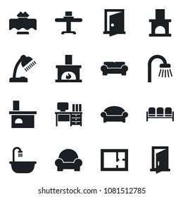 Set of vector isolated black icon - waiting area vector, desk, fireplace, lamp, plan, bathroom, cushioned furniture, restaurant table, door