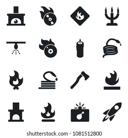 Set of vector isolated black icon - bomb in case vector, fire, hose, axe, fireplace, flammable, flame disk, candle, sprinkler, rocket