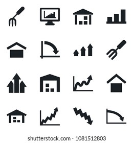 Set of vector isolated black icon - crisis graph vector, garden fork, warehouse storage, monitor statistics, bar, arrow up, growth