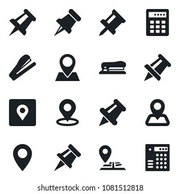 Set of vector isolated black icon - drawing pin vector, navigation, paper, place tag, stapler, combination lock