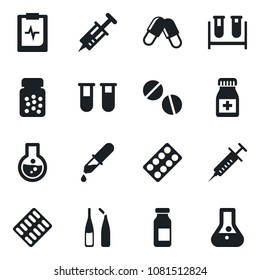Set of vector isolated black icon - syringe vector, blood test vial, dropper, pills, bottle, blister, ampoule, pulse clipboard, flask