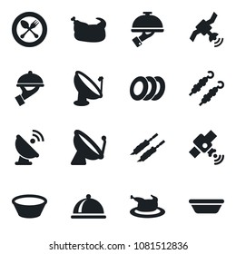 Set of vector isolated black icon - satellite antenna vector, spoon and fork, dish, plates, waiter, chicken, kebab, bowl