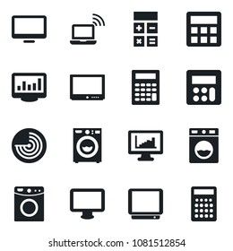 Set of vector isolated black icon - wireless notebook vector, radar, calculator, tv, monitor, statistics, washer