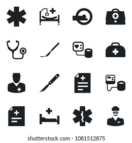 Set of vector isolated black icon - doctor case vector, diagnosis, stethoscope, blood pressure, scalpel, tomography, ambulance star, hospital bed