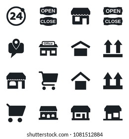 Set of vector isolated black icon - 24 around vector, shop, store, mobile tracking, warehouse storage, up side sign, cafe building, open close, cart, storefront