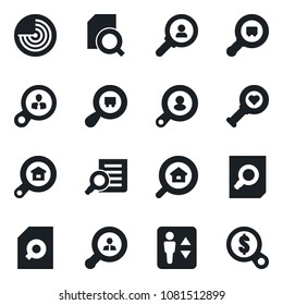 Set of vector isolated black icon - elevator vector, radar, document search, heart diagnostic, cargo, estate, client, consumer, money