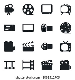 Set of vector isolated black icon - ticket vector, clapboard, film frame, reel, tv, video camera