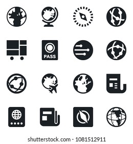 Set of vector isolated black icon - passport vector, globe, plane, earth, consolidated cargo, news, network, compass