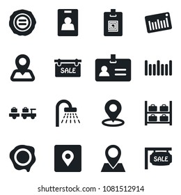 Set of vector isolated black icon - identity vector, shower, baggage larry, luggage storage, stamp, navigation, pin, barcode, place tag, card, sale
