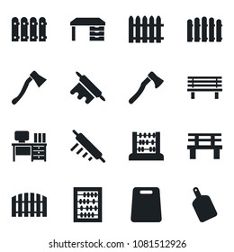 Set of vector isolated black icon - abacus vector, desk, fence, axe, bench, rolling pin, cutting board