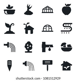 Set of vector isolated black icon - watering vector, sproute, plant label, greenhouse, drip irrigation, fruit tree, salad, apple, eco house
