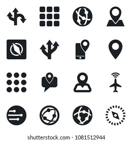 Set of vector isolated black icon - plane radar vector, route, navigation, pin, mobile tracking, network, menu, compass
