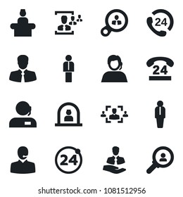 Set of vector isolated black icon - 24 around vector, reception, manager, hours, support, client, hr, consumer search