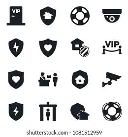 Set of vector isolated black icon - passport control vector, security gate, heart shield, protect, estate insurance, vip zone, home, surveillance, crisis management