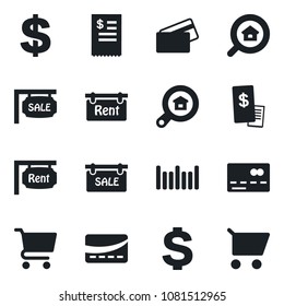 Set of vector isolated black icon - credit card vector, dollar sign, barcode, sale, rent, estate search, restaurant receipt, cart