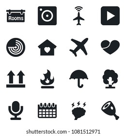 Set of vector isolated black icon - plane radar vector, brainstorm, calendar, tree, fire, umbrella, up side sign, microphone, heart, play button, mobile camera, rooms, sweet home, ham