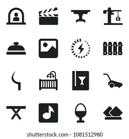 Set of vector isolated black icon - reception vector, lawn mower, sickle, picnic table, clapboard, gallery, music, charge, fence, children room, crane, wine card, egg stand, serviette
