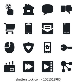 Set of vector isolated black icon - mobile phone vector, mouse, heart shield, touch screen, finger down, fast forward, back, message, mail, video, house, key, home control app, cart, social media