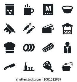 Set of vector isolated black icon - hot cup vector, seeds, waiter, alcohol, cook hat, menu, plates, bacon, alcove, credit card, kebab, ham, bowl, rolling pin, knife, steaming pan