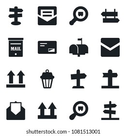 Set of vector isolated black icon - signpost vector, up side sign, search cargo, mail, mailbox, outdoor lamp, guidepost
