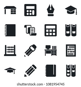 Set of vector isolated black icon - contract vector, book, graduate, abacus, desk, notepad, pencil, calculator, copybook, ink pen
