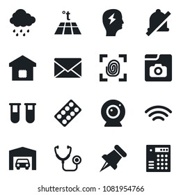 Set of vector isolated black icon - mail vector, brainstorm, rain, stethoscope, blood test vial, pills blister, paper pin, wireless, mute, photo gallery, garage, smart home, fingerprint, web camera