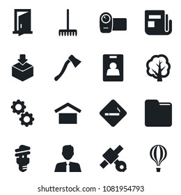 Set of vector isolated black icon - smoking place vector, rake, tree, axe, satellite, warehouse storage, package, news, video camera, folder, identity card, estate agent, gear, energy saving bulb