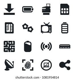Set of vector isolated black icon - no laptop vector, gear, satellite antenna, battery, sim, download, copier, air conditioner, tv, chip, fingerprint, wireless, social media