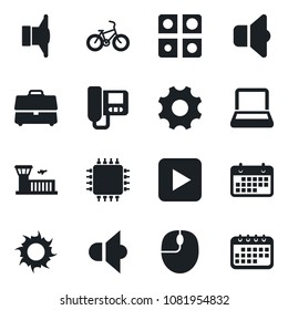 Set of vector isolated black icon - airport building vector, mouse, sun, bike, term, speaker, play button, settings, application, case, notebook pc, chip, intercome, sound, calendar