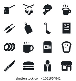 Set of vector isolated black icon - coffee machine vector, waiter, plates, bread, restaurant receipt, kebab, hamburger, ladle, cutting board, knife, turkish, sushi, storefront