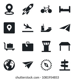 Set of vector isolated black icon - airport tower vector, arrival, suitcase, baggage trolley, bike, earth, sea shipping, place tag, compass, bedroom, table, rocket, paper plane, guidepost