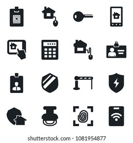 Set of vector isolated black icon - barrier vector, identity card, shield, protect, stamp, key, home control, fingerprint, app, combination lock, pass