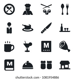 Set of vector isolated black icon - spoon and fork vector, coffee, waiter, cook, dish, alcohol, menu, cocktail, salt pepper, chicken, ham, knife, sushi, storefront