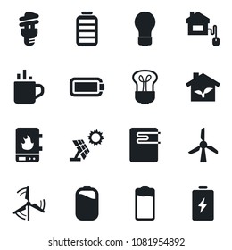 Set of vector isolated black icon - hot cup vector, bulb, battery, windmill, home control, eco house, water heater, energy saving, sun panel