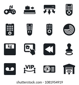 Set of vector isolated black icon - baggage conveyor vector, stamp, radar, scales, gamepad, remote control, rewind, record, air conditioner, vip zone, home app, garage gate