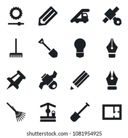 Set of vector isolated black icon - ladder car vector, drawing pin, bulb, job, pencil, shovel, rake, well, satellite, brightness, ink pen, plan