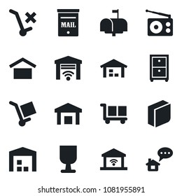 Set of vector isolated black icon - fragile vector, cargo, warehouse storage, no trolley, radio, blank box, archive, mailbox, garage gate control, home message