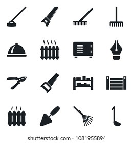 Set of vector isolated black icon - safe vector, trowel, rake, pruner, saw, hoe, container, rack, ink pen, heater, dish, ladle