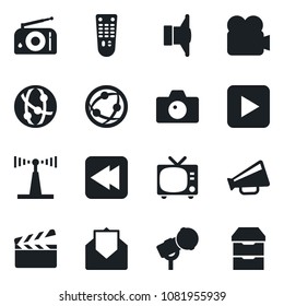 Set of vector isolated black icon - tv vector, camera, clapboard, microphone, radio, antenna, speaker, loudspeaker, video, remote control, network, mail, play button, rewind, archive chest