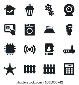 Set of vector isolated black icon - chip vector, eco house, water heater, wireless, router, web camera, home control app, gear, washer, radiator, warm floor, energy saving bulb, outdoor lamp, police