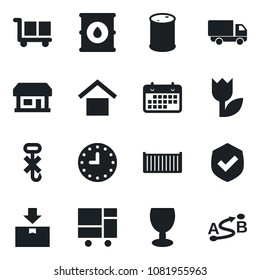 Set of vector isolated black icon - store vector, cargo container, car delivery, clock, term, consolidated, fragile, warehouse storage, no hook, tulip, package, shield, oil barrel, route