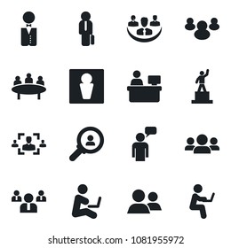 Set of vector isolated black icon - male vector, speaking man, pedestal, team, meeting, manager place, group, company, hr, waiter, consumer search, with notebook