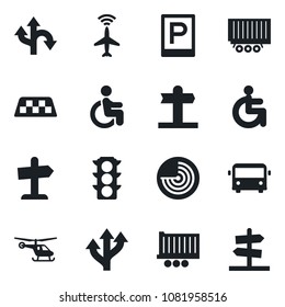 Set of vector isolated black icon - plane radar vector, taxi, airport bus, parking, helicopter, disabled, route, signpost, traffic light, truck trailer, guidepost
